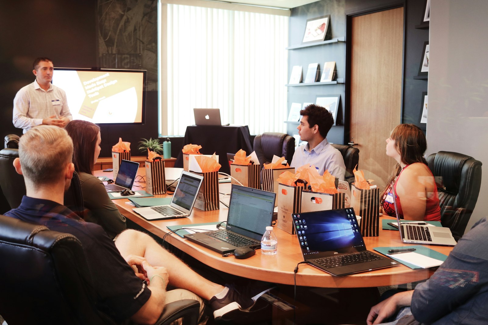 Business team reviewing slides in a meeting room