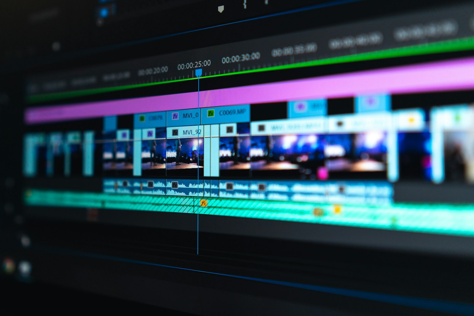 Video editing workstation with timeline, color grading, and dual monitors used for AI video post-production