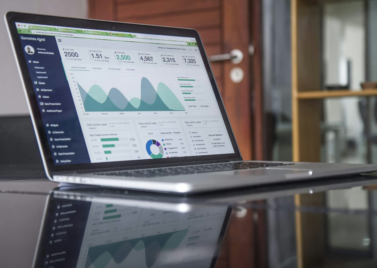 Laptop displaying a website builder dashboard with drag-and-drop interface elements on a clean desk