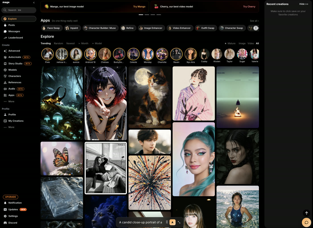 Mage (mage.space) workspace: the all-in-one AI video and image studio, with free-tier apps for text-to-video, image-to-video, character consistency, and more