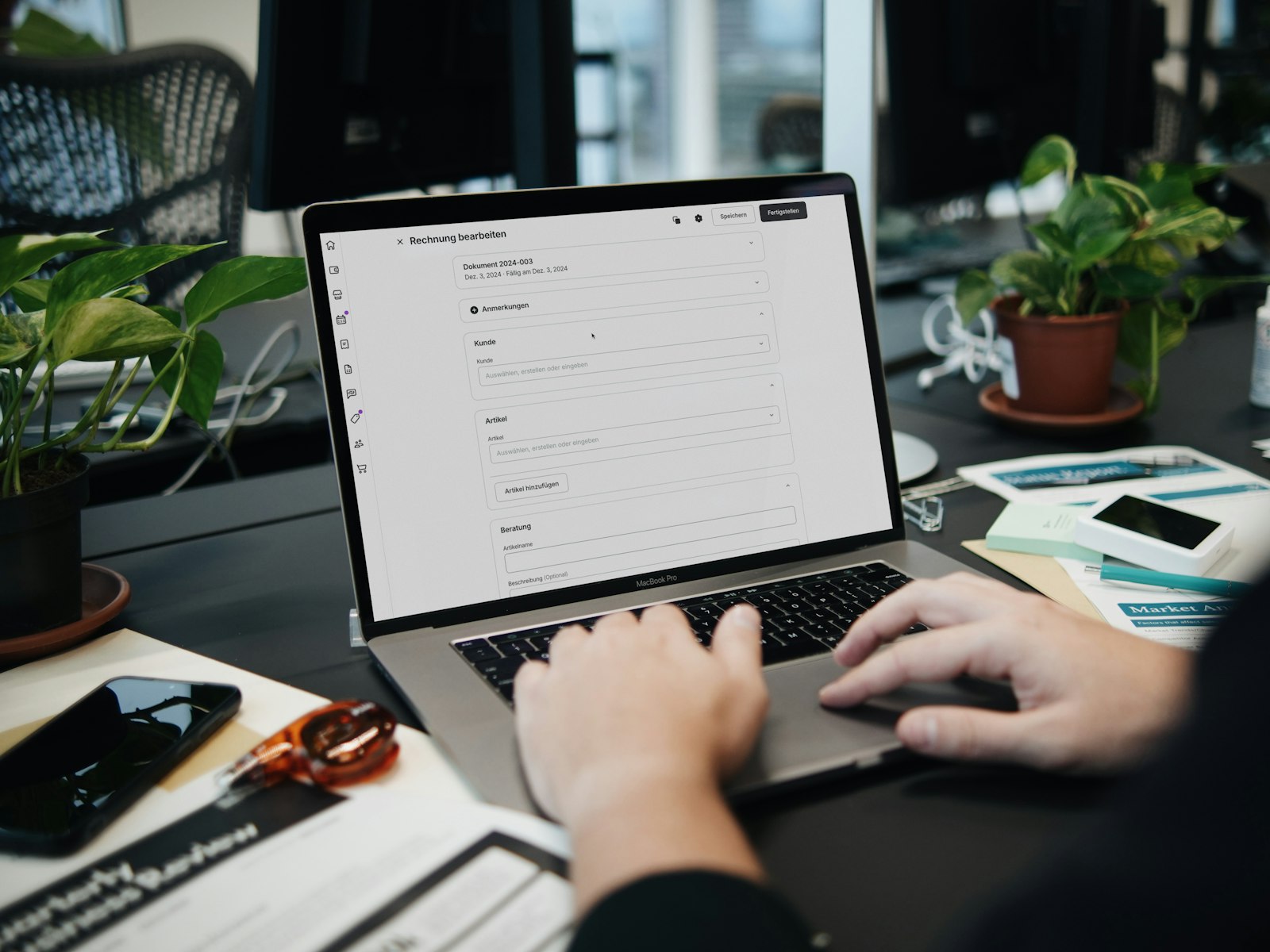 Finance team member reviewing an AI-generated report on a laptop
