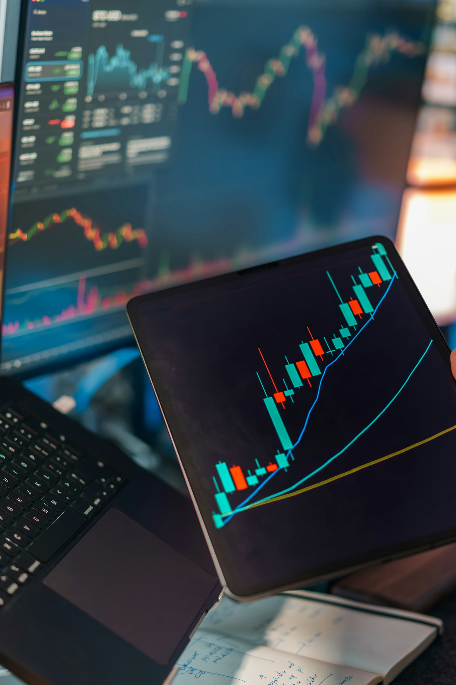 Financial trading charts and market data displayed across multiple screens