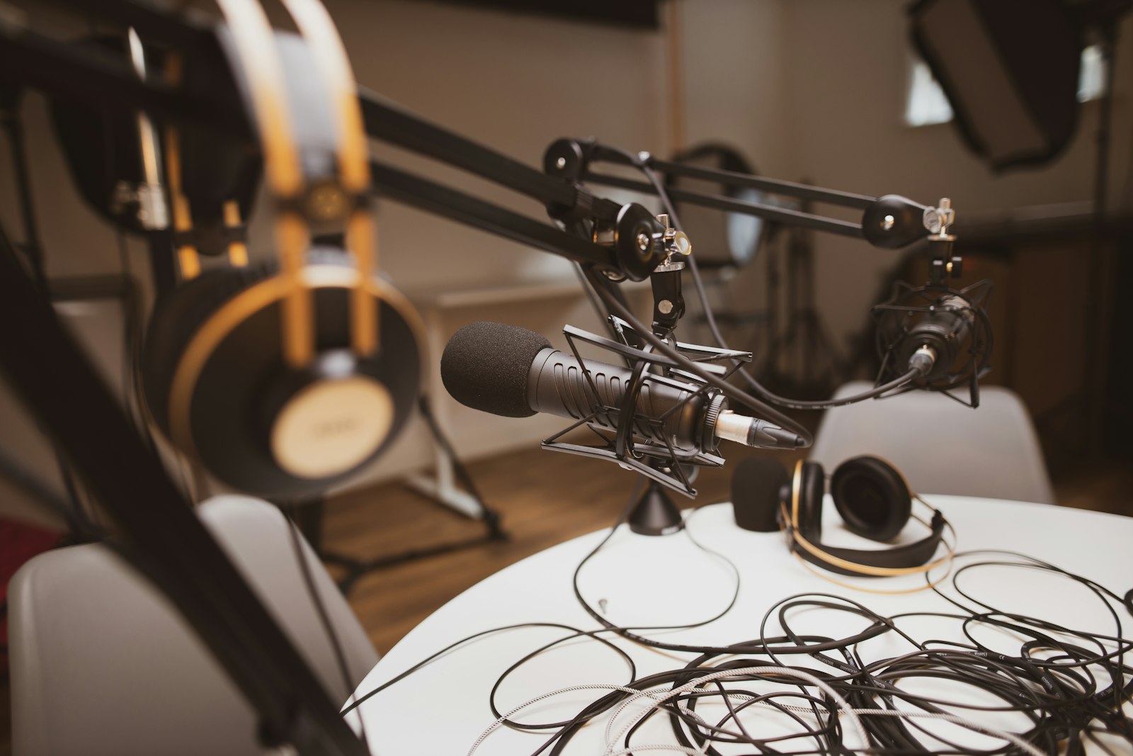 Studio condenser microphone in close focus representing AI voice and speech systems